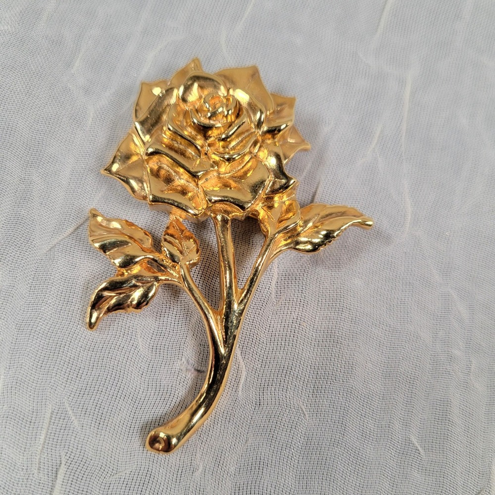 Gold Tone Rose Brooch Floral Long Stem Flower Pin Vintage Style Accessory